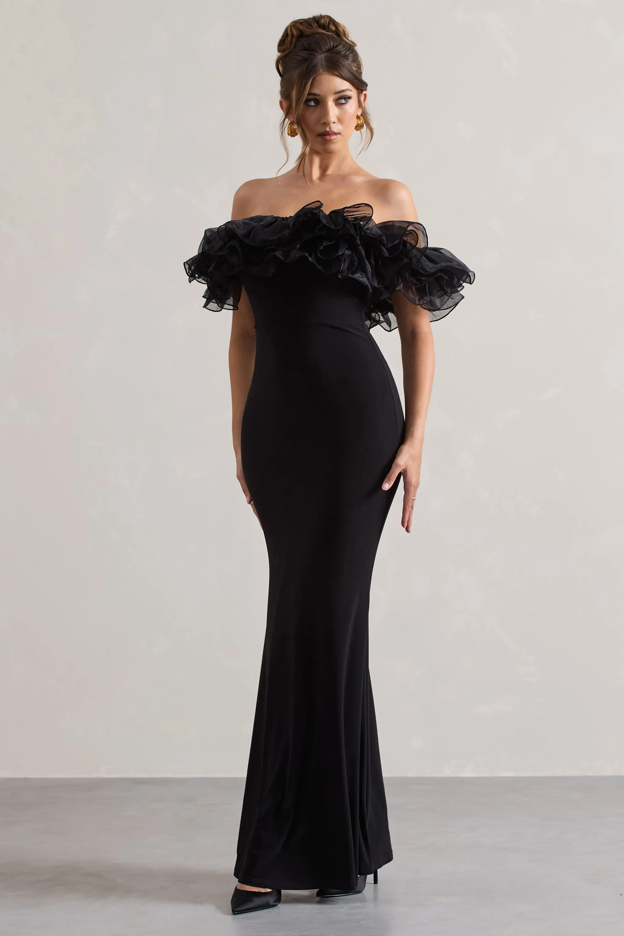 Meryl | Black Strapless Maxi Dress With Organza Trim