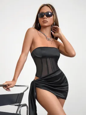 Mesh Insert Hook And Eye Knot Side Tube Dress