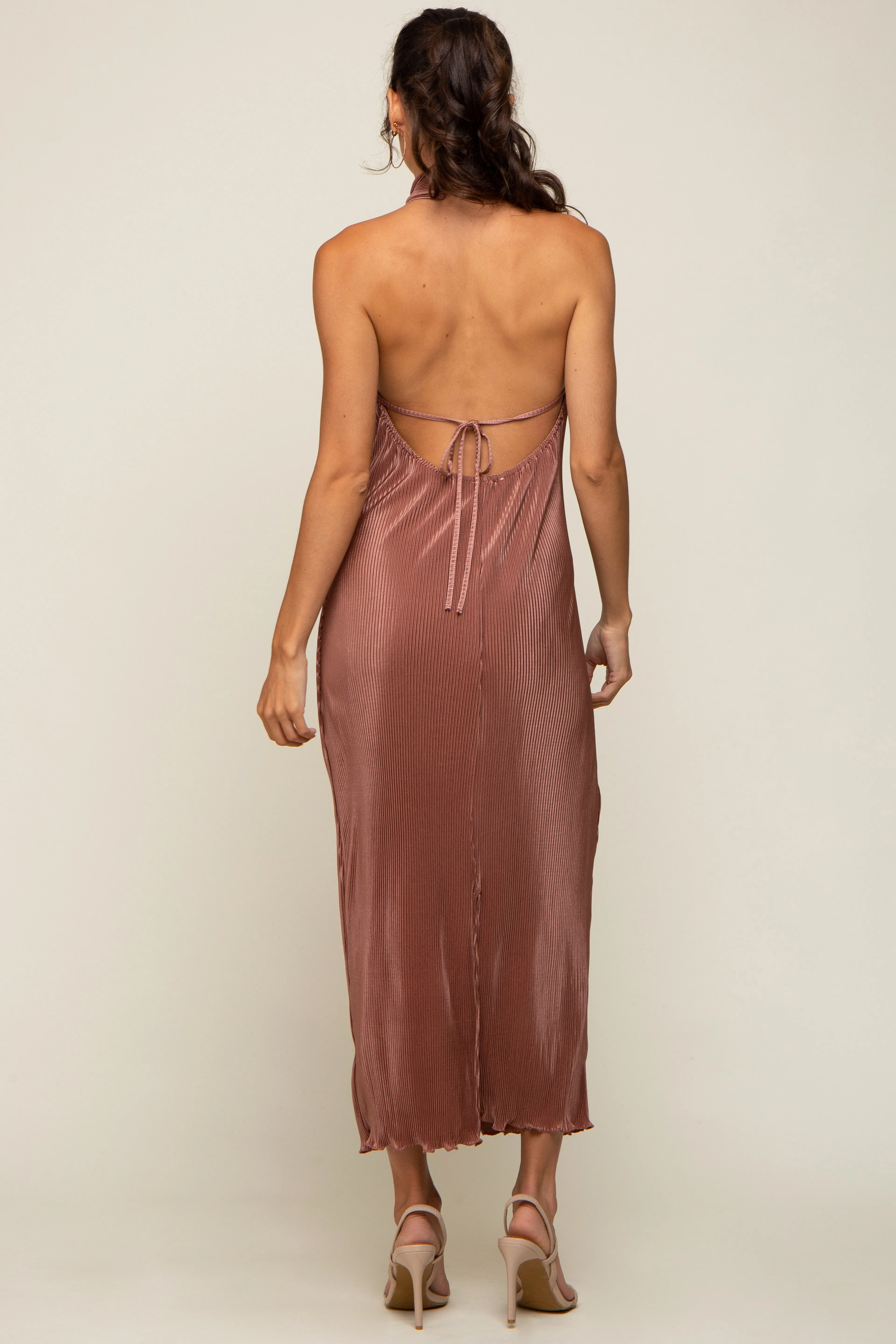 Mocha Knot Front Plisse Halter Midi Dress