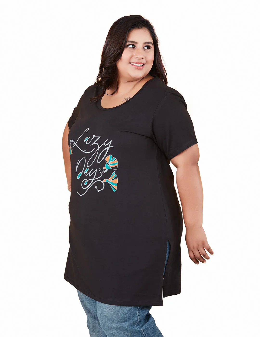 Plus Size Long T-shirts For Women - Half Sleeve - Pack of 2 (Black & Turquoise)