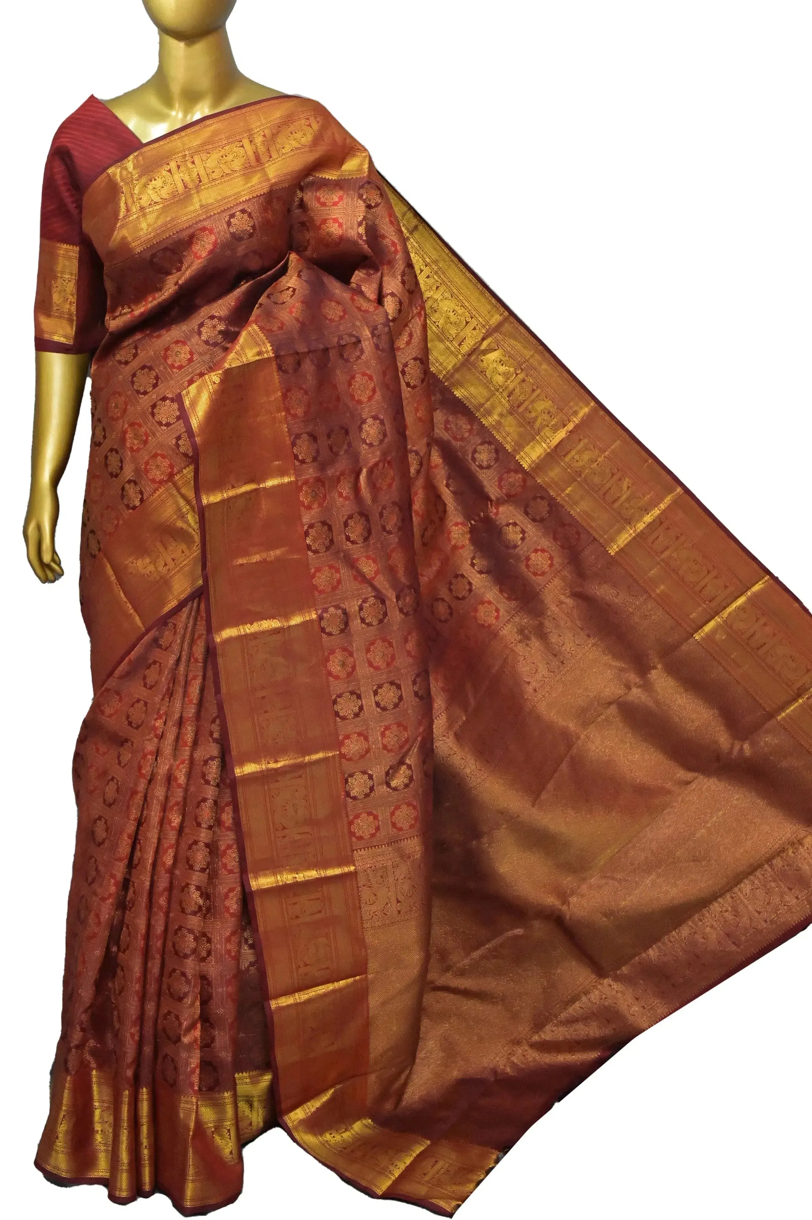 Rekha Maroon Color Jangla Kanjeevaram Silk Saree with Pure Gold Zari Weaving