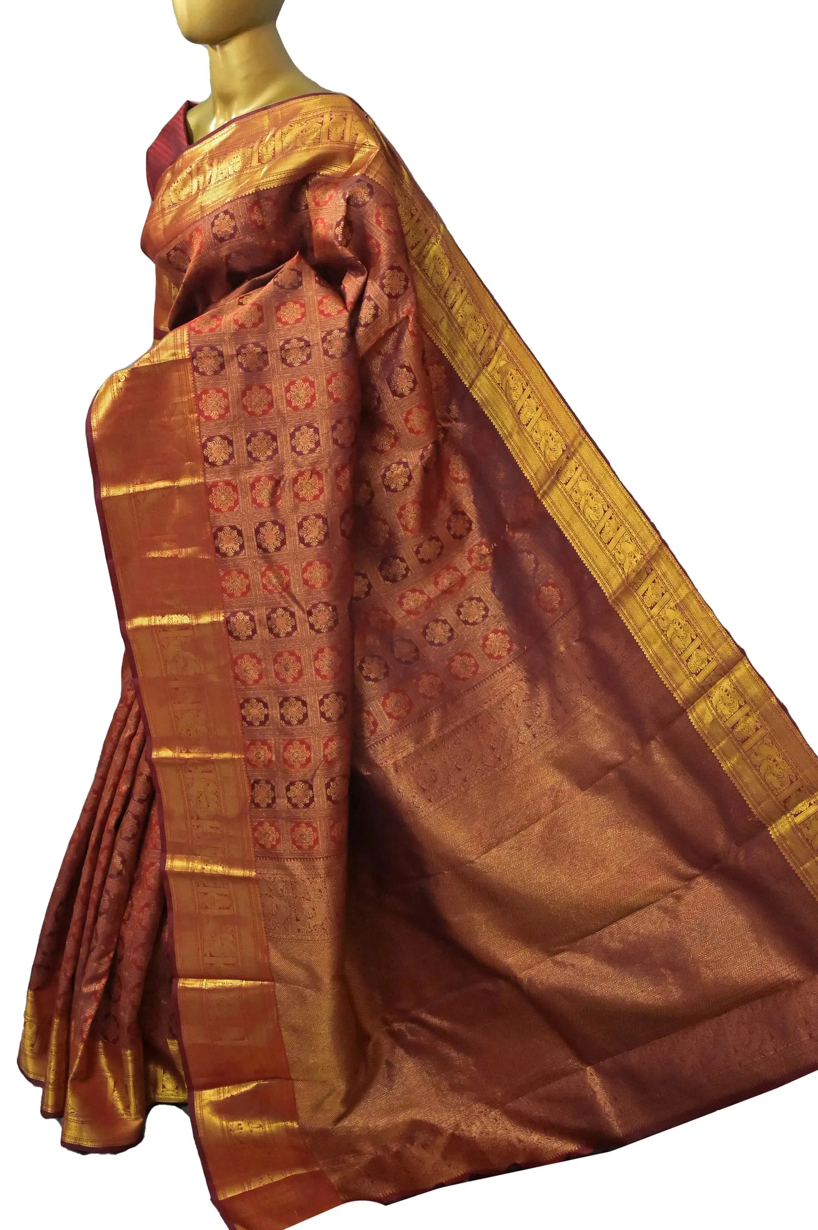 Rekha Maroon Color Jangla Kanjeevaram Silk Saree with Pure Gold Zari Weaving