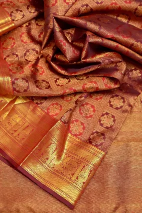 Rekha Maroon Color Jangla Kanjeevaram Silk Saree with Pure Gold Zari Weaving