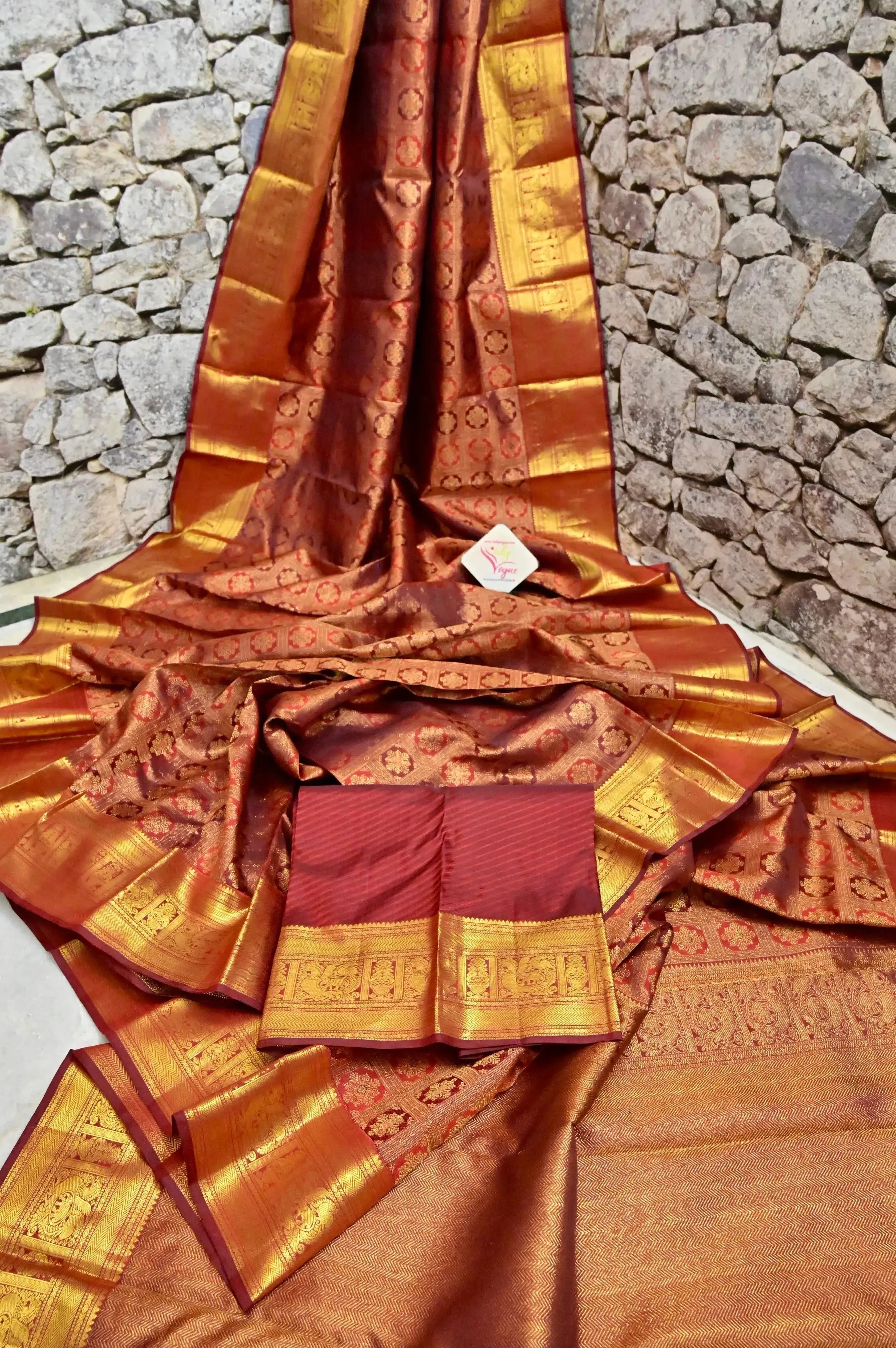 Rekha Maroon Color Jangla Kanjeevaram Silk Saree with Pure Gold Zari Weaving