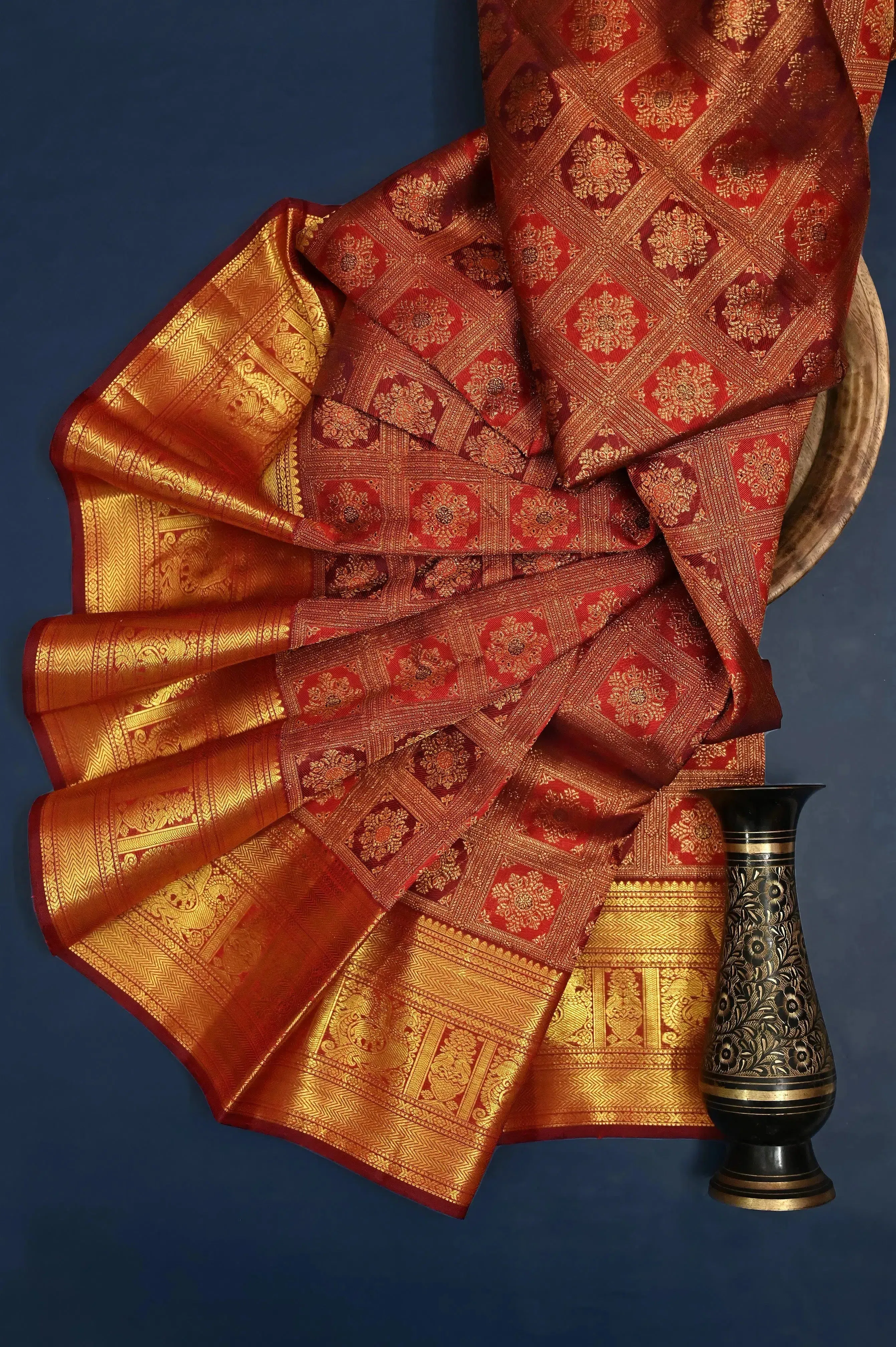 Rekha Maroon Color Jangla Kanjeevaram Silk Saree with Pure Gold Zari Weaving