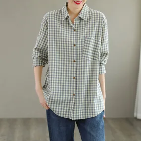 Retro Long Sleeve Thin Cotton Plaid Loose Blouse