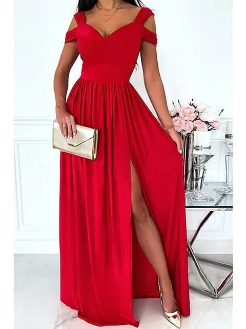 Romantic V-Neck Cold Shoulder Maxi Dress With Short Sleeves