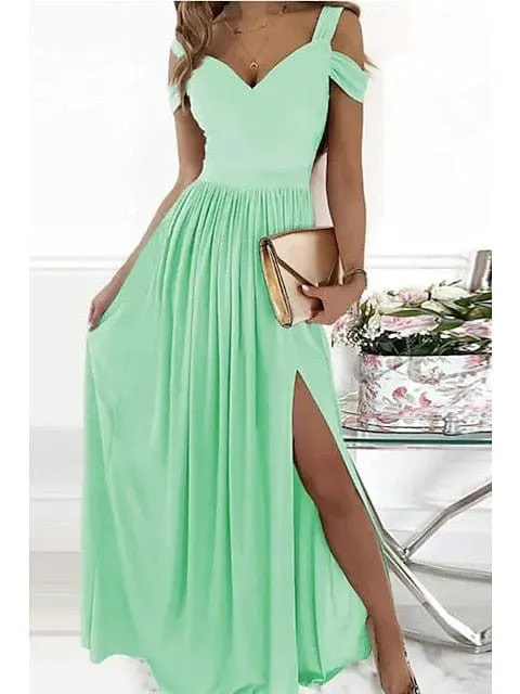 Romantic V-Neck Cold Shoulder Maxi Dress With Short Sleeves