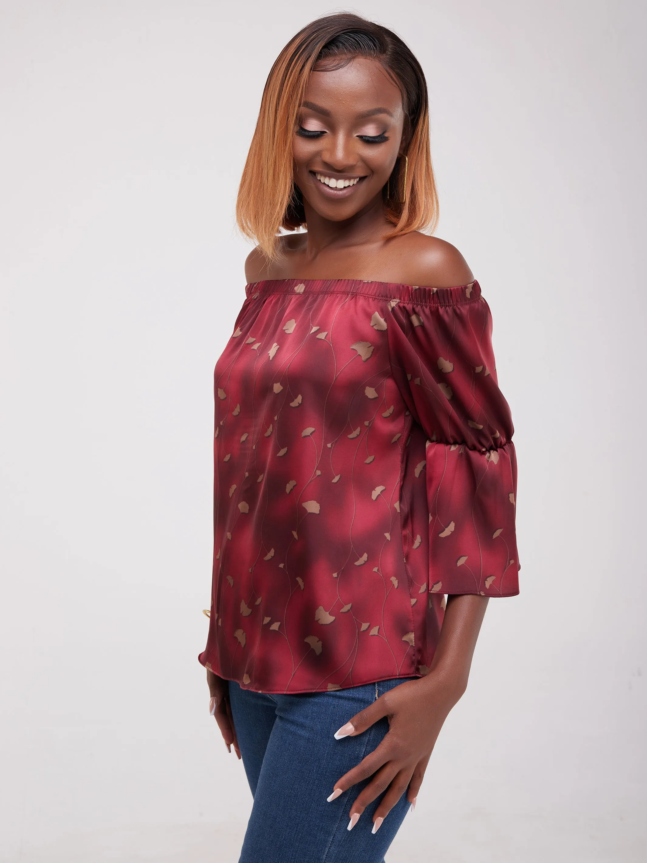 Safari Ayana Off Shoulder 3/4 Sleeved Top - Maroon Print