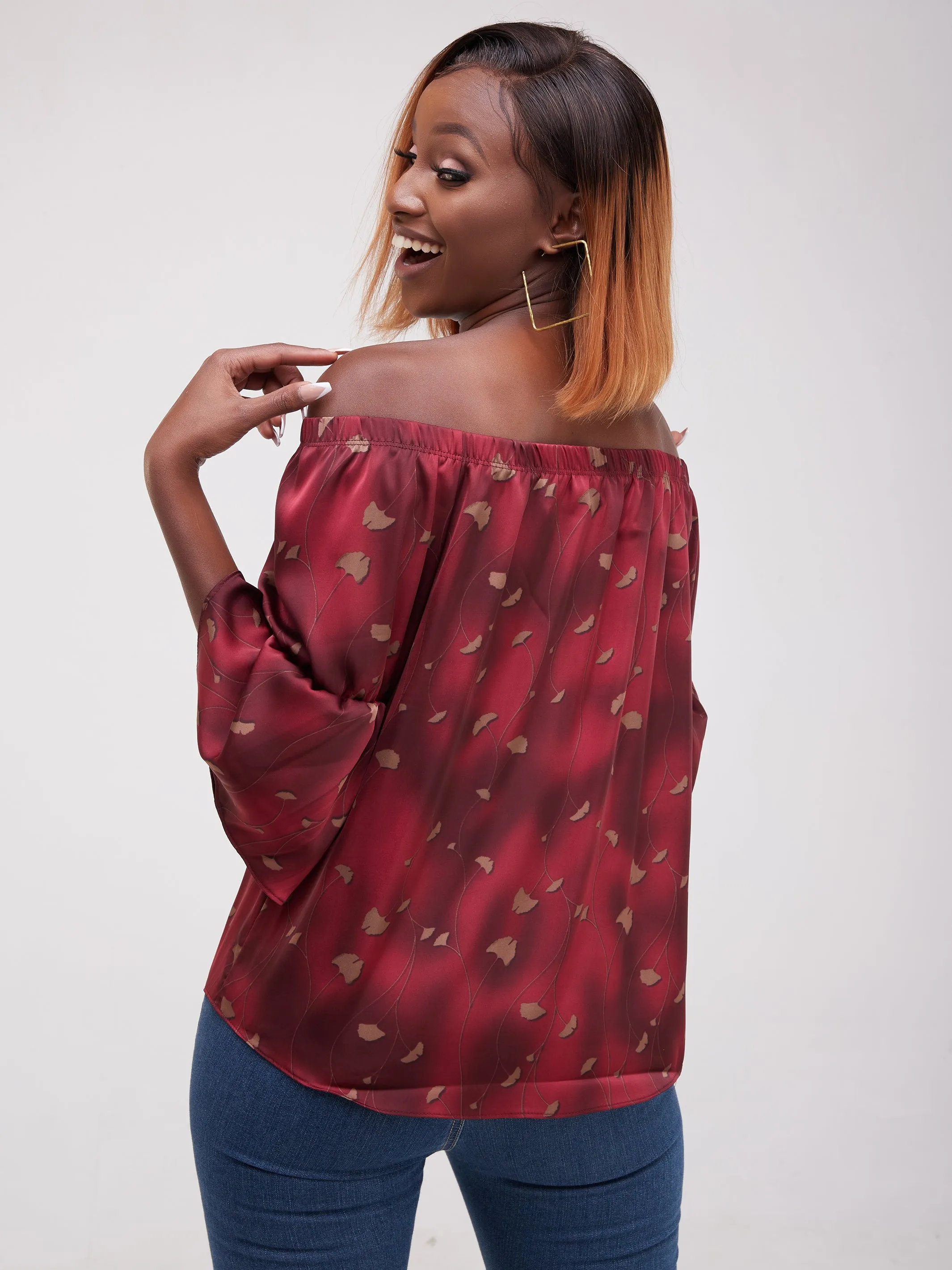 Safari Ayana Off Shoulder 3/4 Sleeved Top - Maroon Print