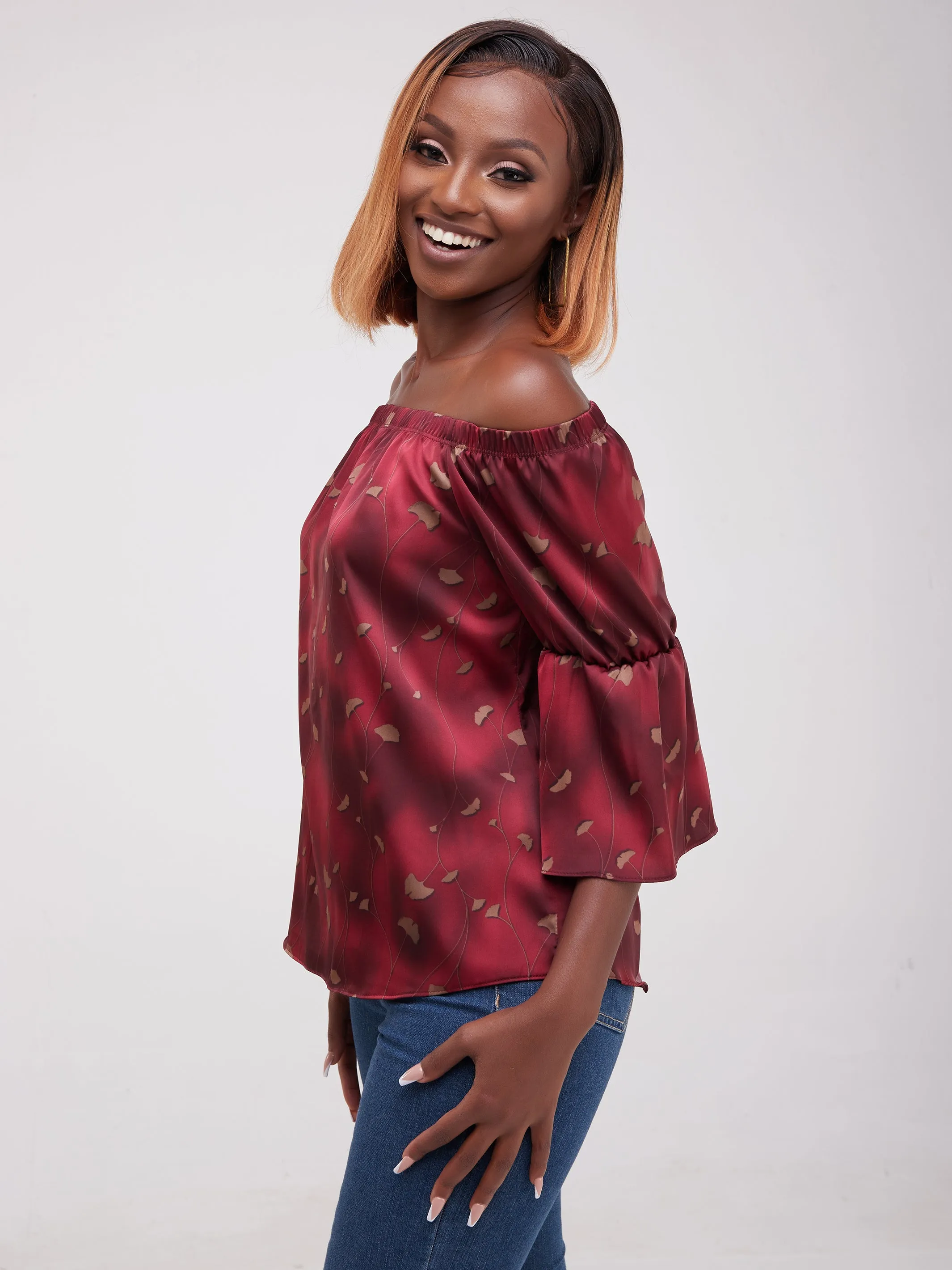 Safari Ayana Off Shoulder 3/4 Sleeved Top - Maroon Print