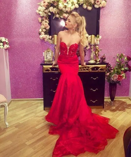 Sexy Red Mermaid Sweetheart Prom Dresses Satin Strapless Long Party Dresses