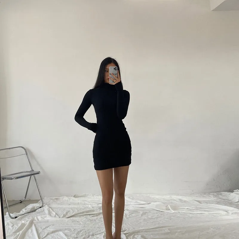 Sexy Solid Turtleneck Skinny Mini Dress Women Rib Knit Keep Warm Long Sleeve Slim Dress Streetwear