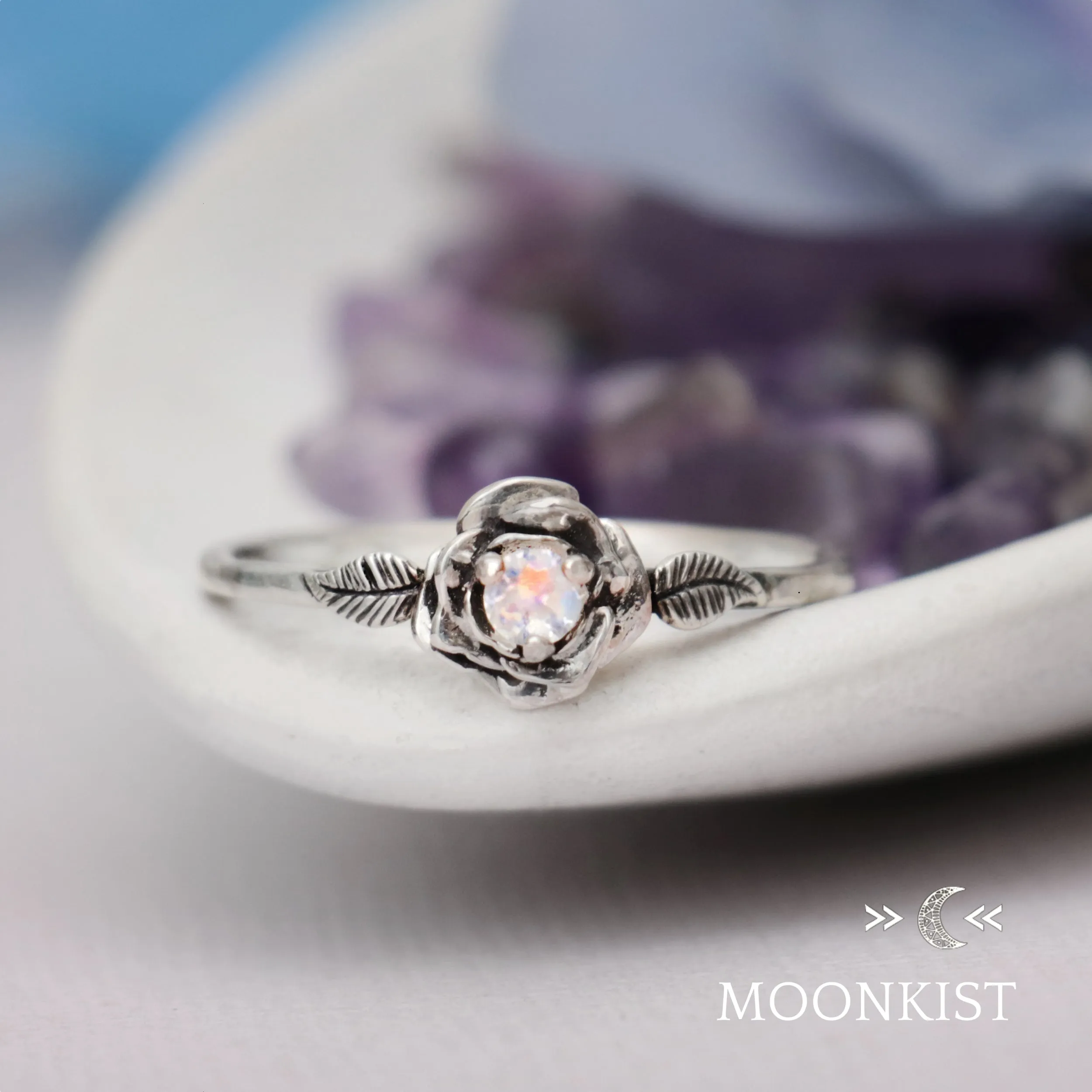 Silver Rainbow Moonstone Flower Ring for Her | Moonkist Designs