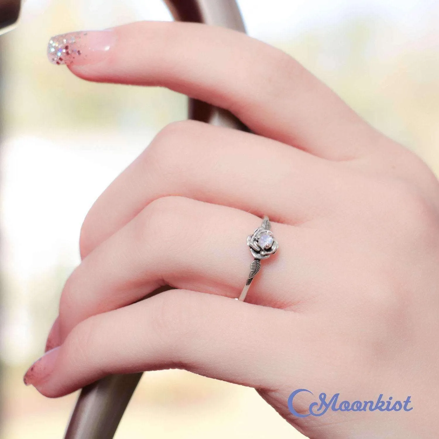 Silver Rainbow Moonstone Flower Ring for Her | Moonkist Designs