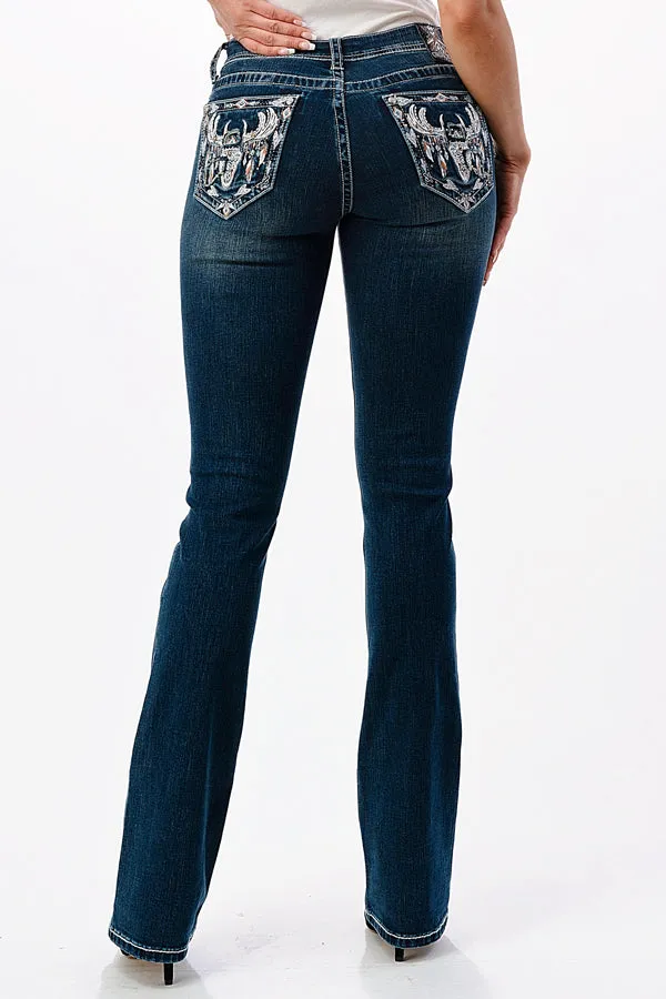 Steer Head Embroidery Mid Rise Bootcut Jeans