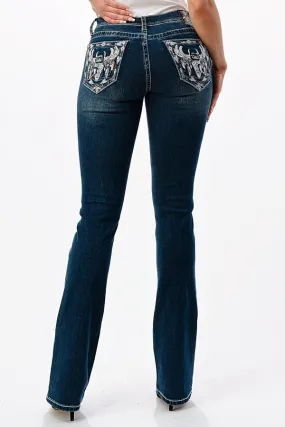 Steer Head Embroidery Mid Rise Bootcut Jeans