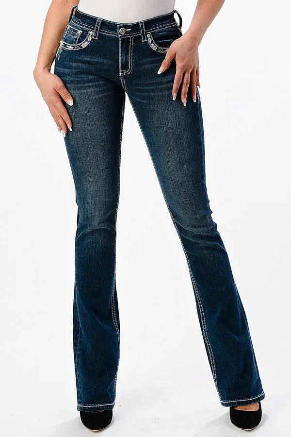 Steer Head Embroidery Mid Rise Bootcut Jeans