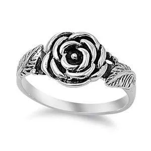 Sterling Silver Rose Flower with Leaves Ring