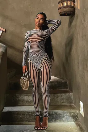 Striped Mesh Long Sleeve Two Piece Pants Set