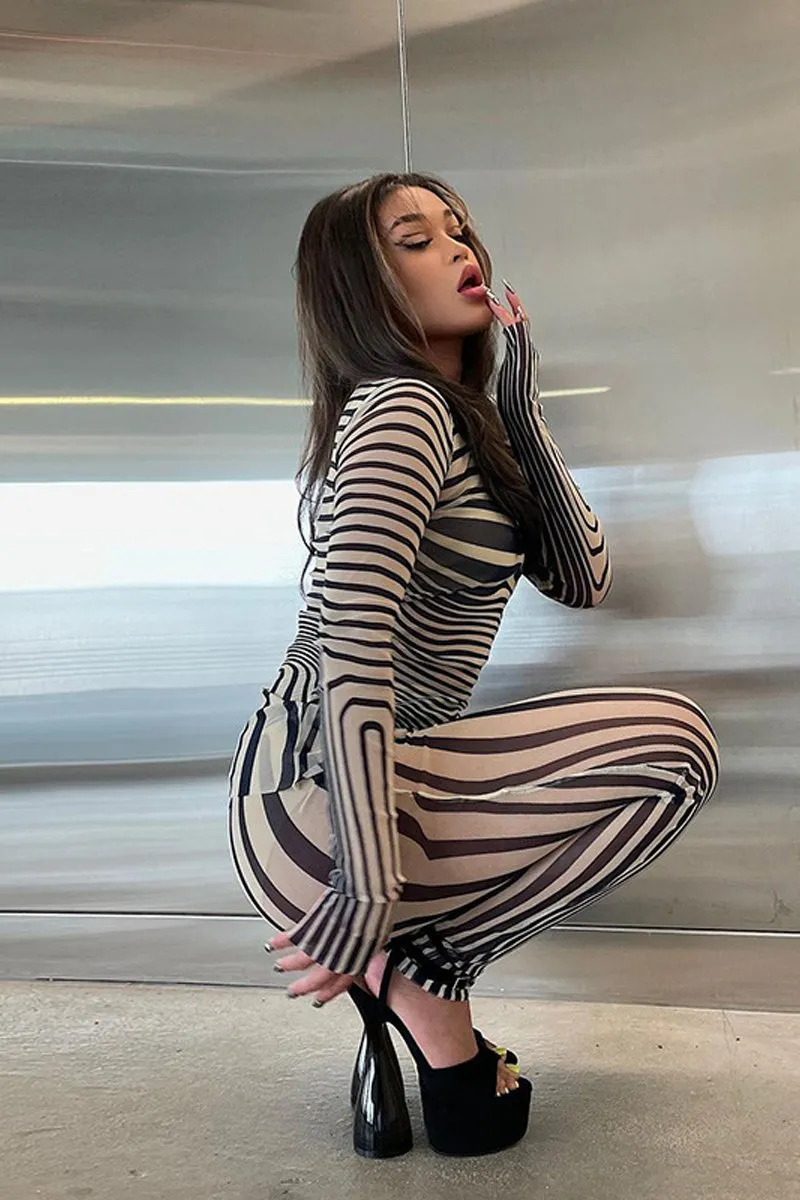 Striped Mesh Long Sleeve Two Piece Pants Set