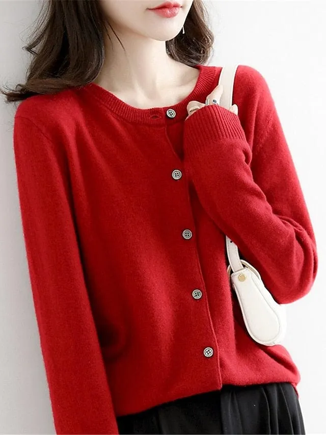 Stylish Wine Red Button-Up Cardigan Sweater for Women