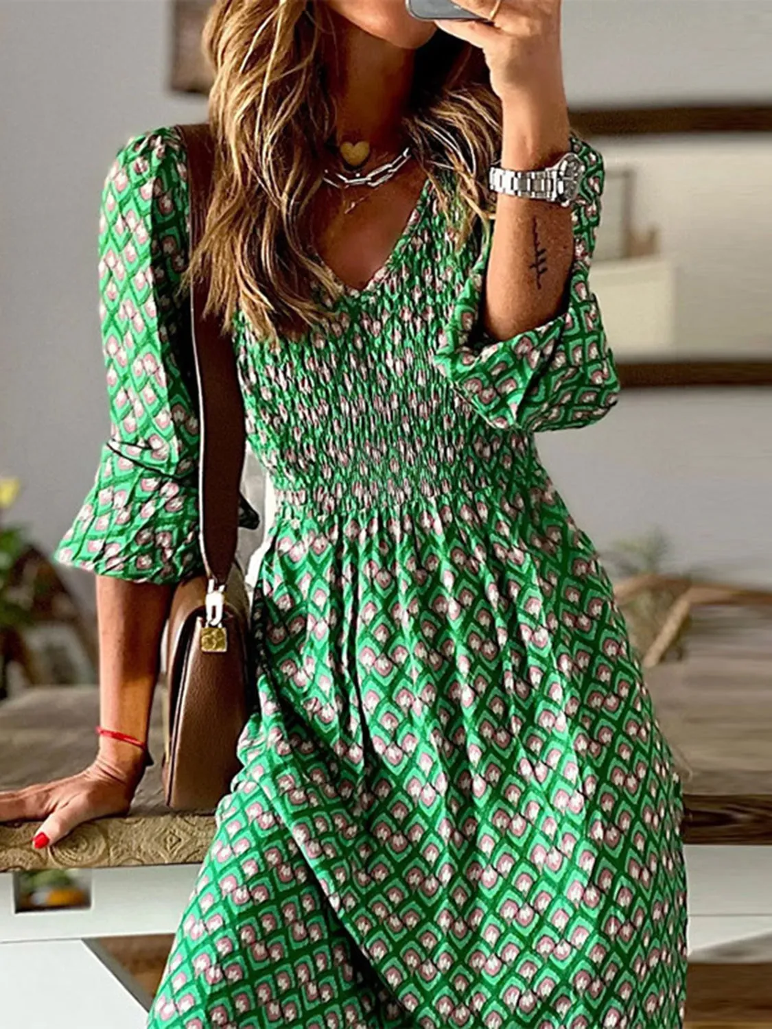 Sunset Vacation Smocked Printed V-Neck Midi Dress