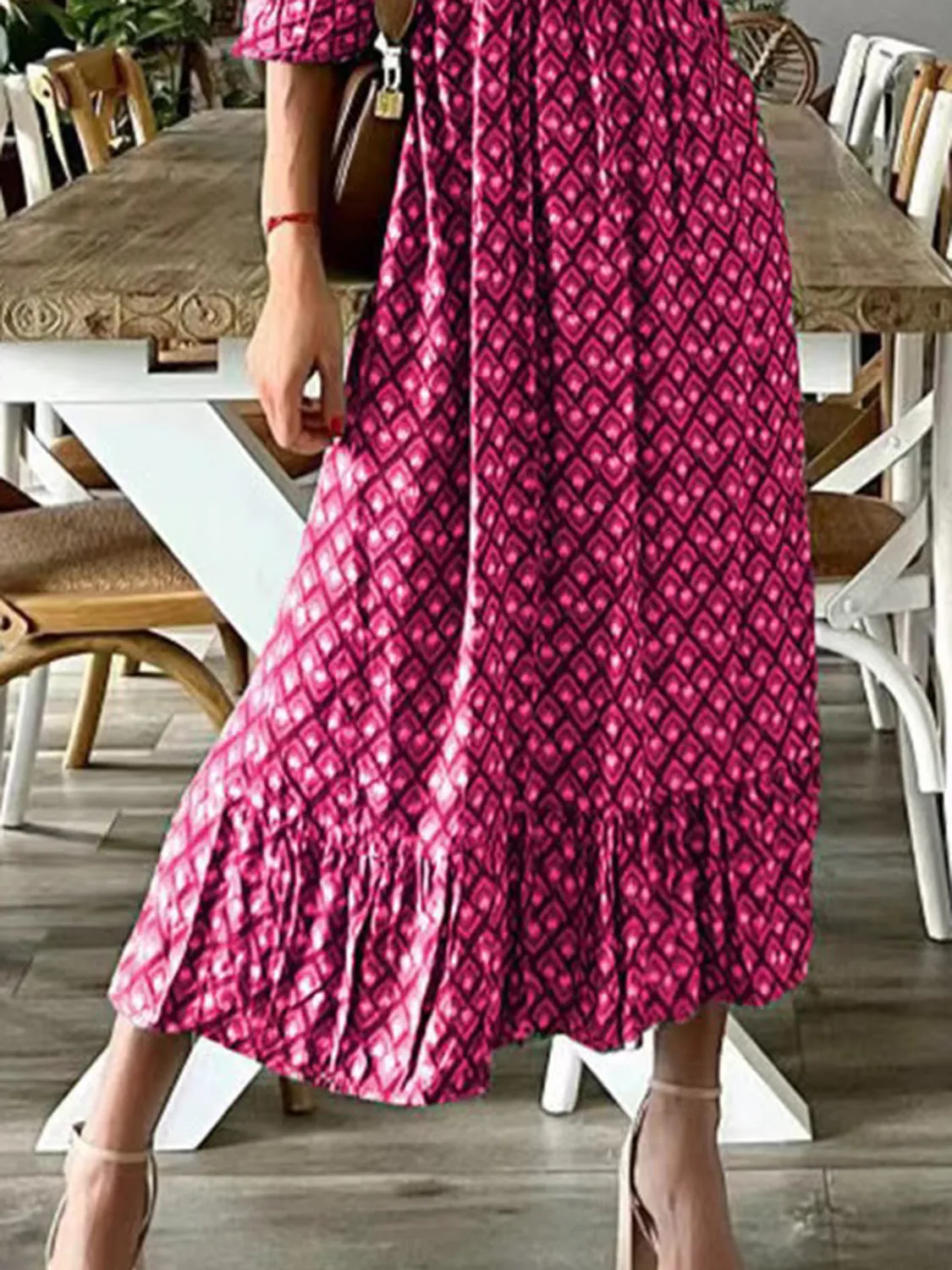 Sunset Vacation Smocked Printed V-Neck Midi Dress