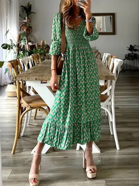 Sunset Vacation Smocked Printed V-Neck Midi Dress