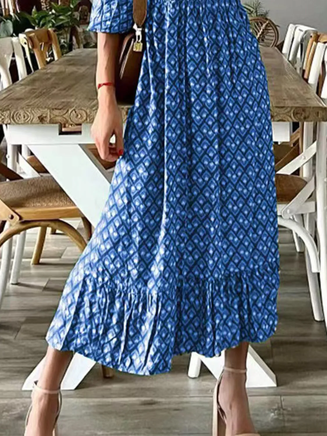 Sunset Vacation Smocked Printed V-Neck Midi Dress