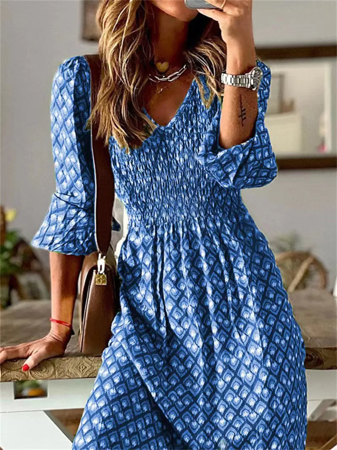 Sunset Vacation Smocked Printed V-Neck Midi Dress