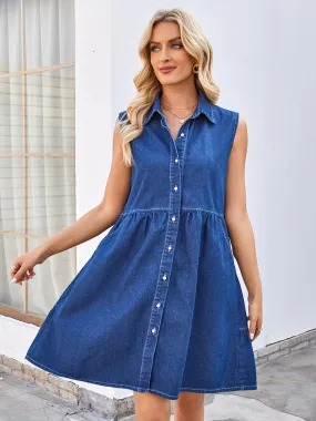 Sunset Vacation Sunset and Swim Button Up Collared Neck Sleeveless Denim Dress