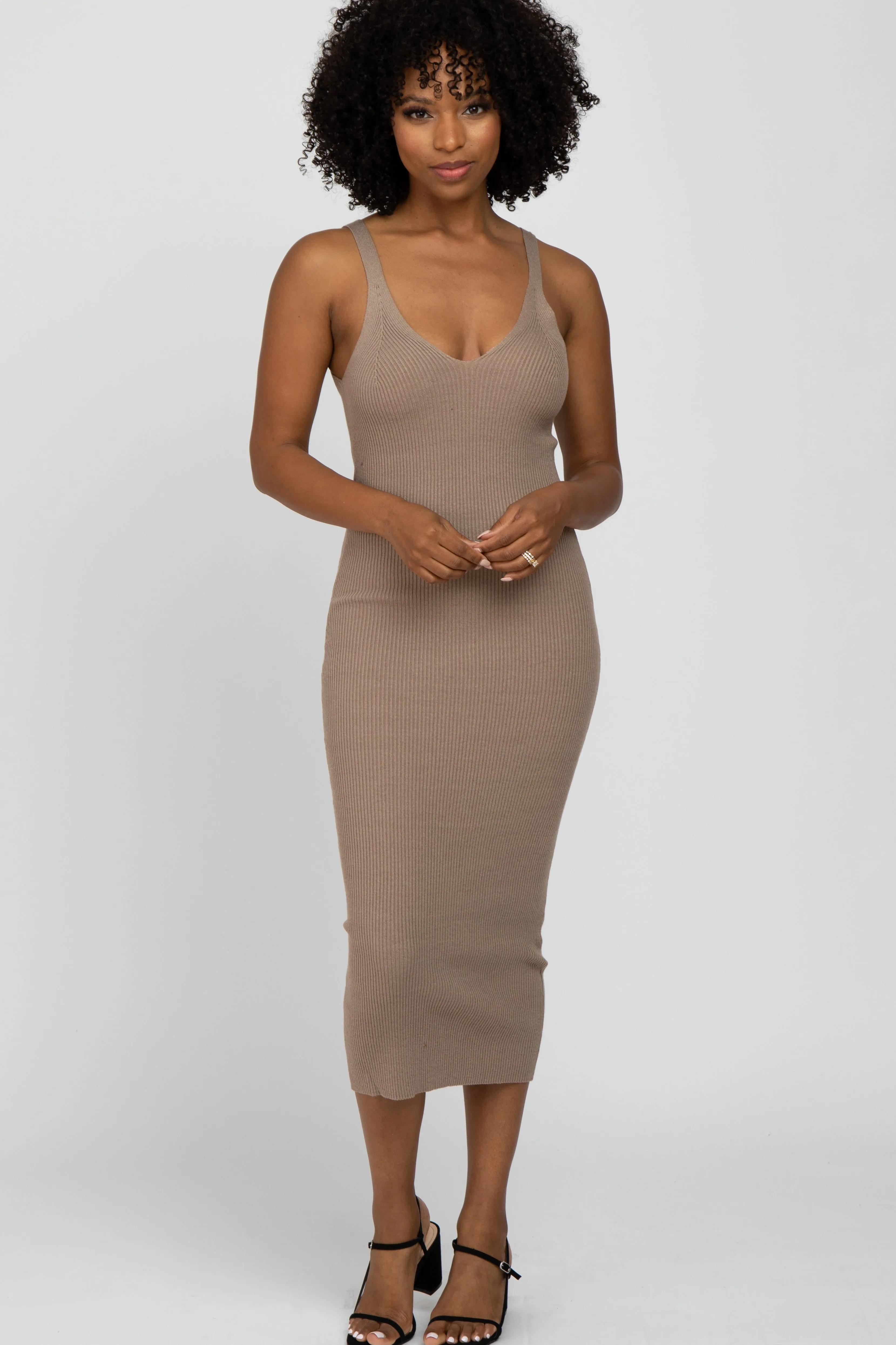 Taupe Sleeveless V-Neck Sweater Dress