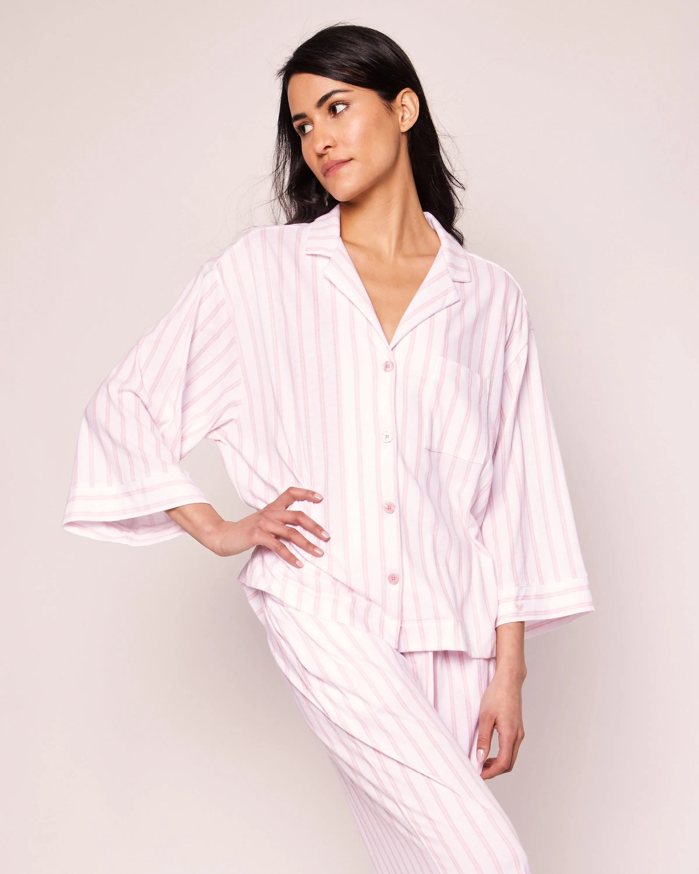 The Olivia Wide Leg Pima Pajama Set | Pink Stripe