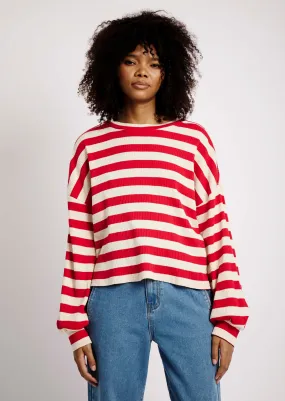 The Slouchy Rib Knit Top in Red and Cream Stripe