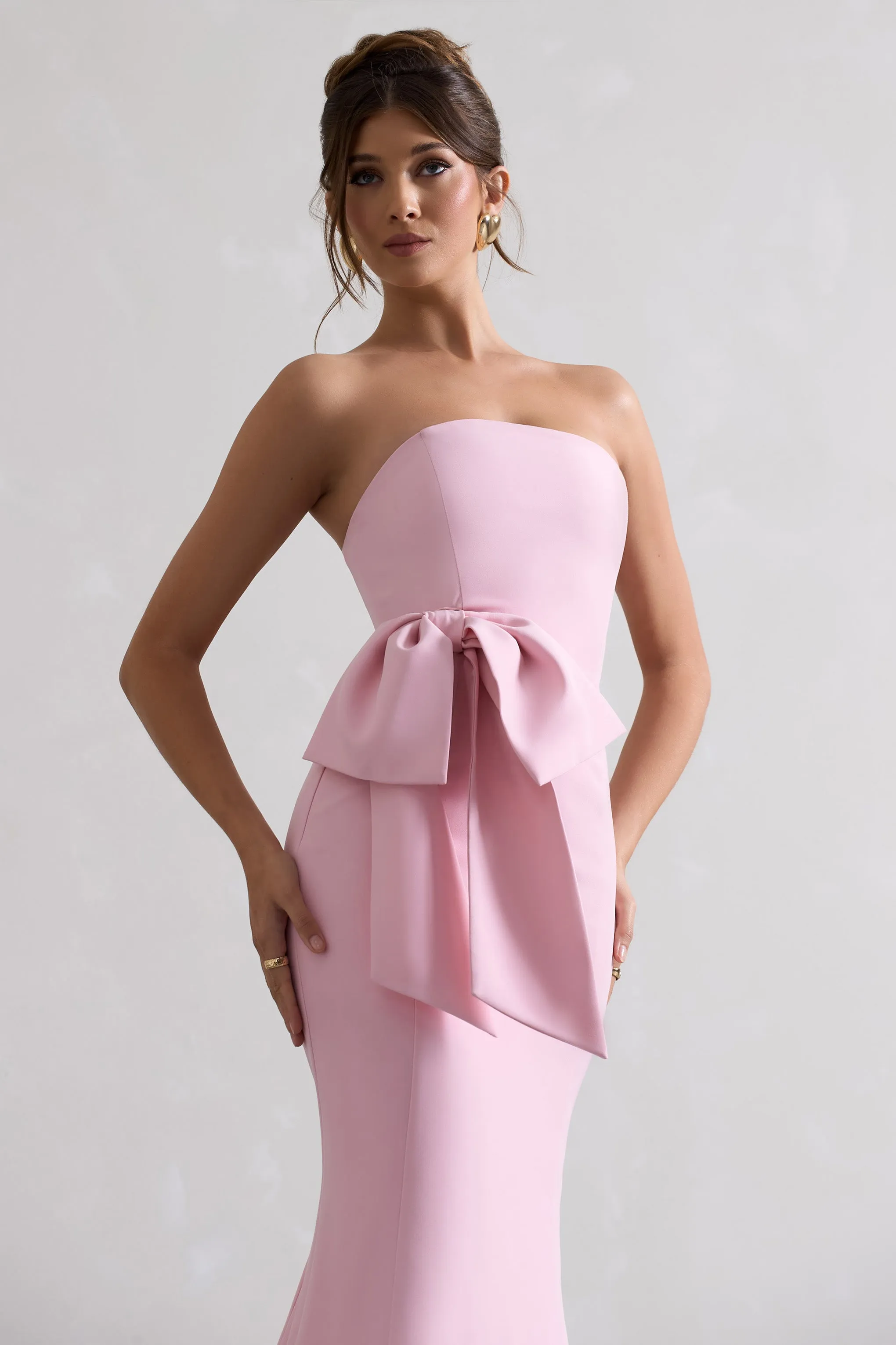 To Me | Pink Bandeau Midi Dress With Oversized Bow