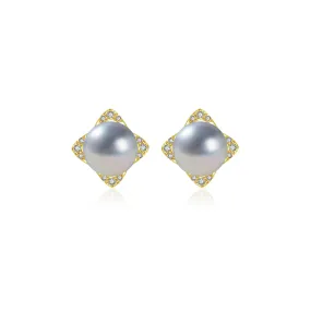 Top Grade 18K Gold Diamond Silver Blue Akoya Pearl Earrings KE00152