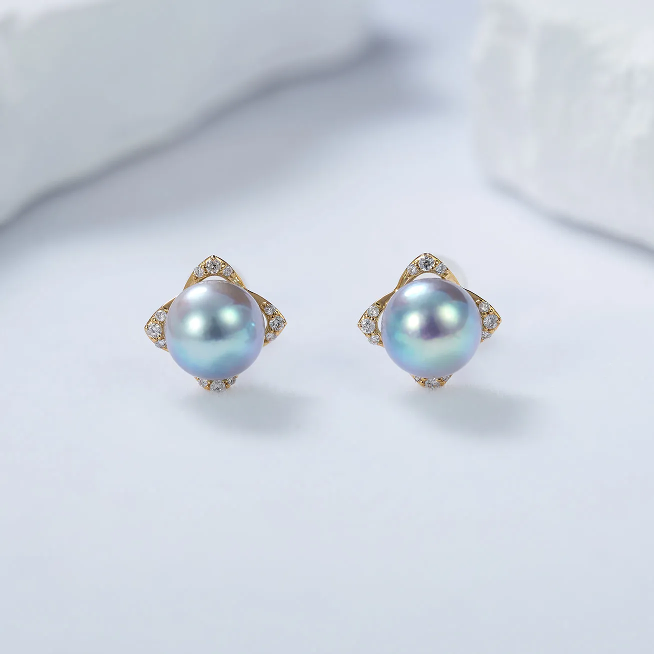 Top Grade 18K Gold Diamond Silver Blue Akoya Pearl Earrings KE00152