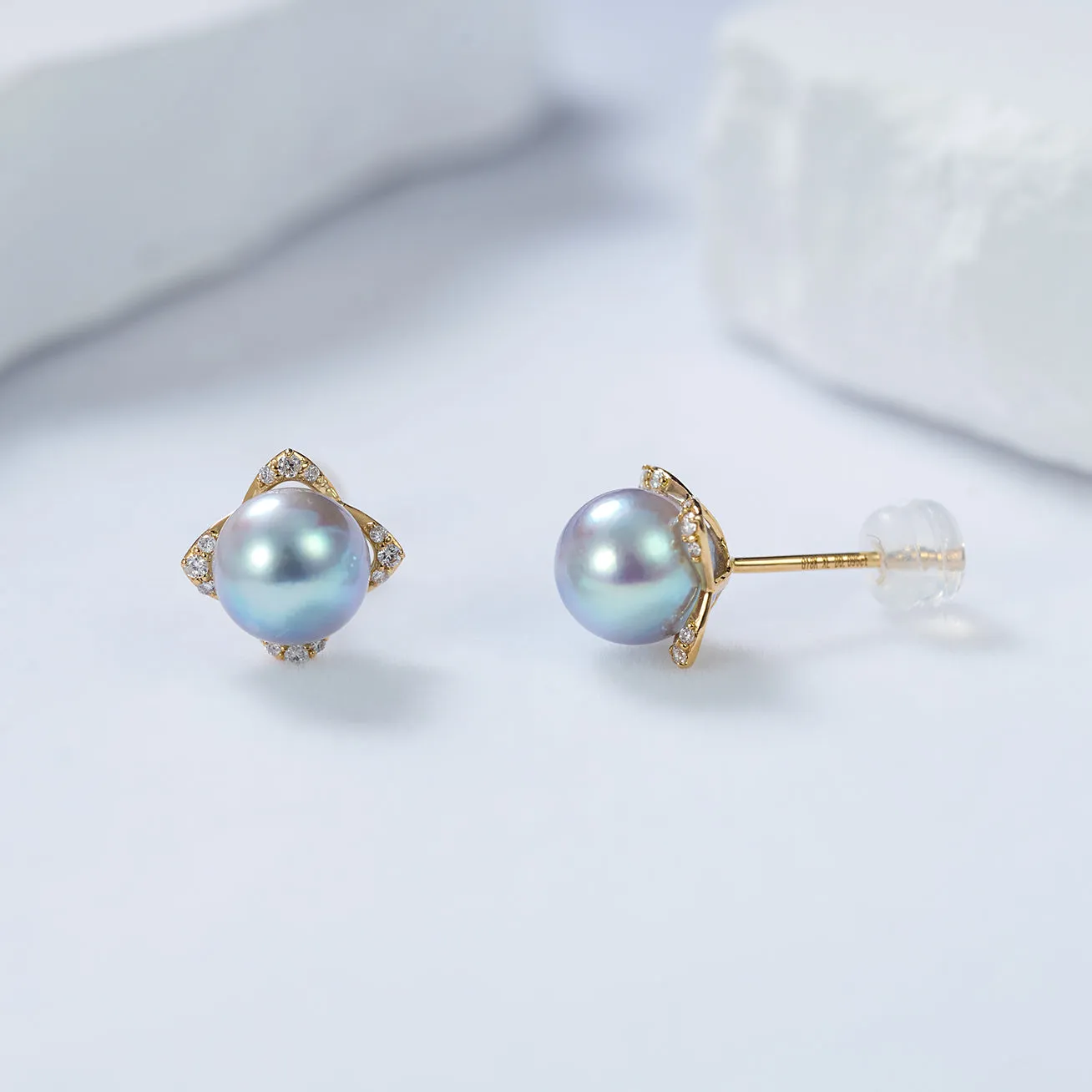 Top Grade 18K Gold Diamond Silver Blue Akoya Pearl Earrings KE00152