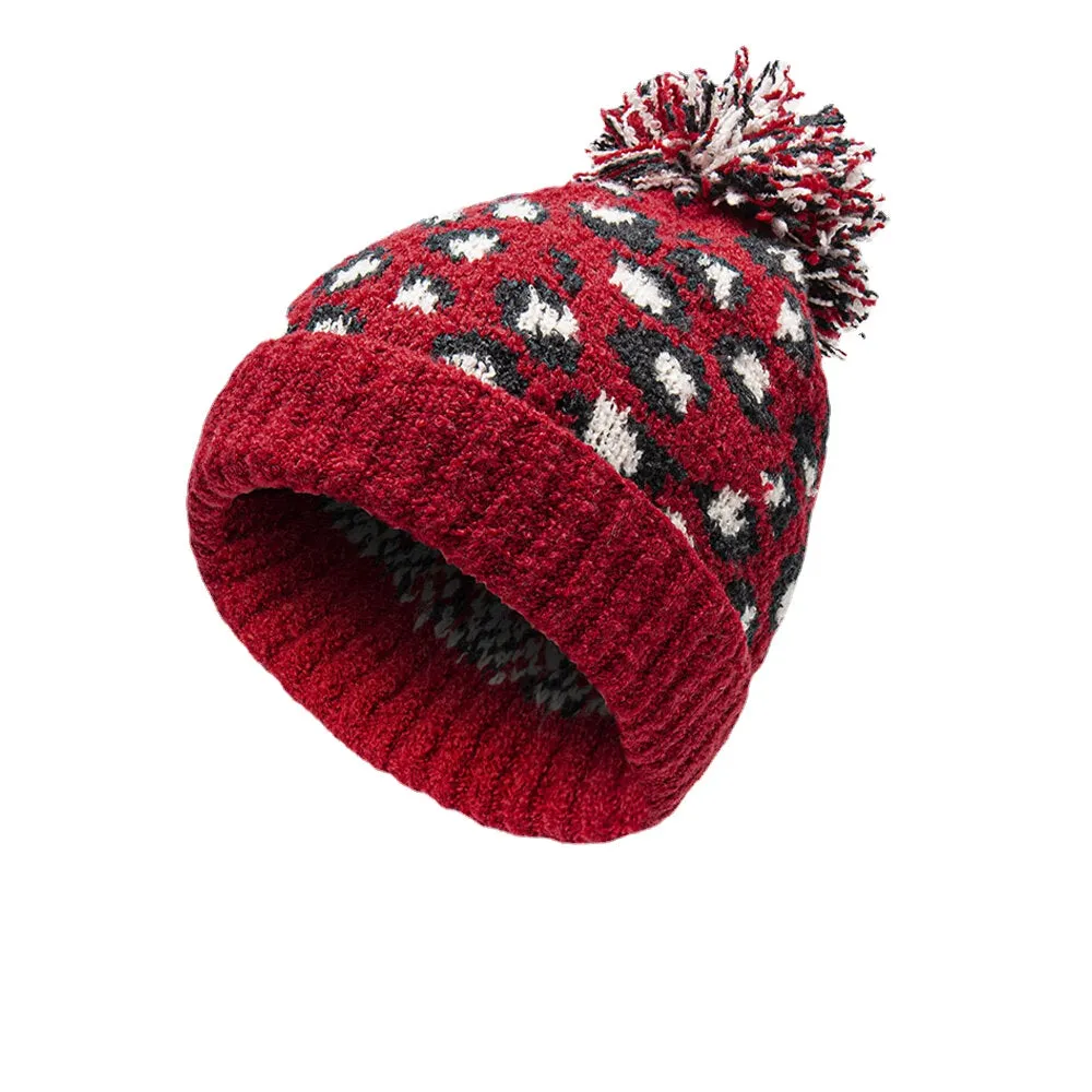 Unisex Knitted Leopard Pattern Fur Ball Decoration Flanging Casual Warmth Beanie Hat