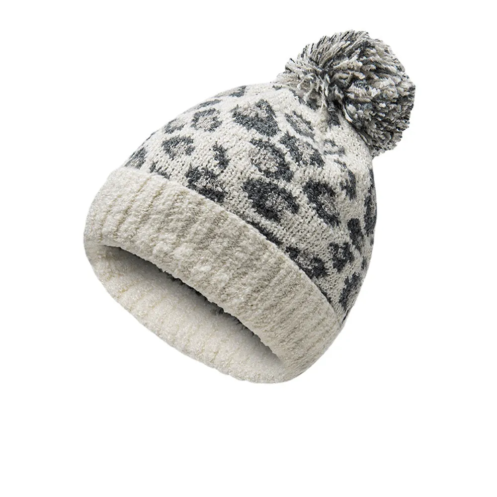 Unisex Knitted Leopard Pattern Fur Ball Decoration Flanging Casual Warmth Beanie Hat