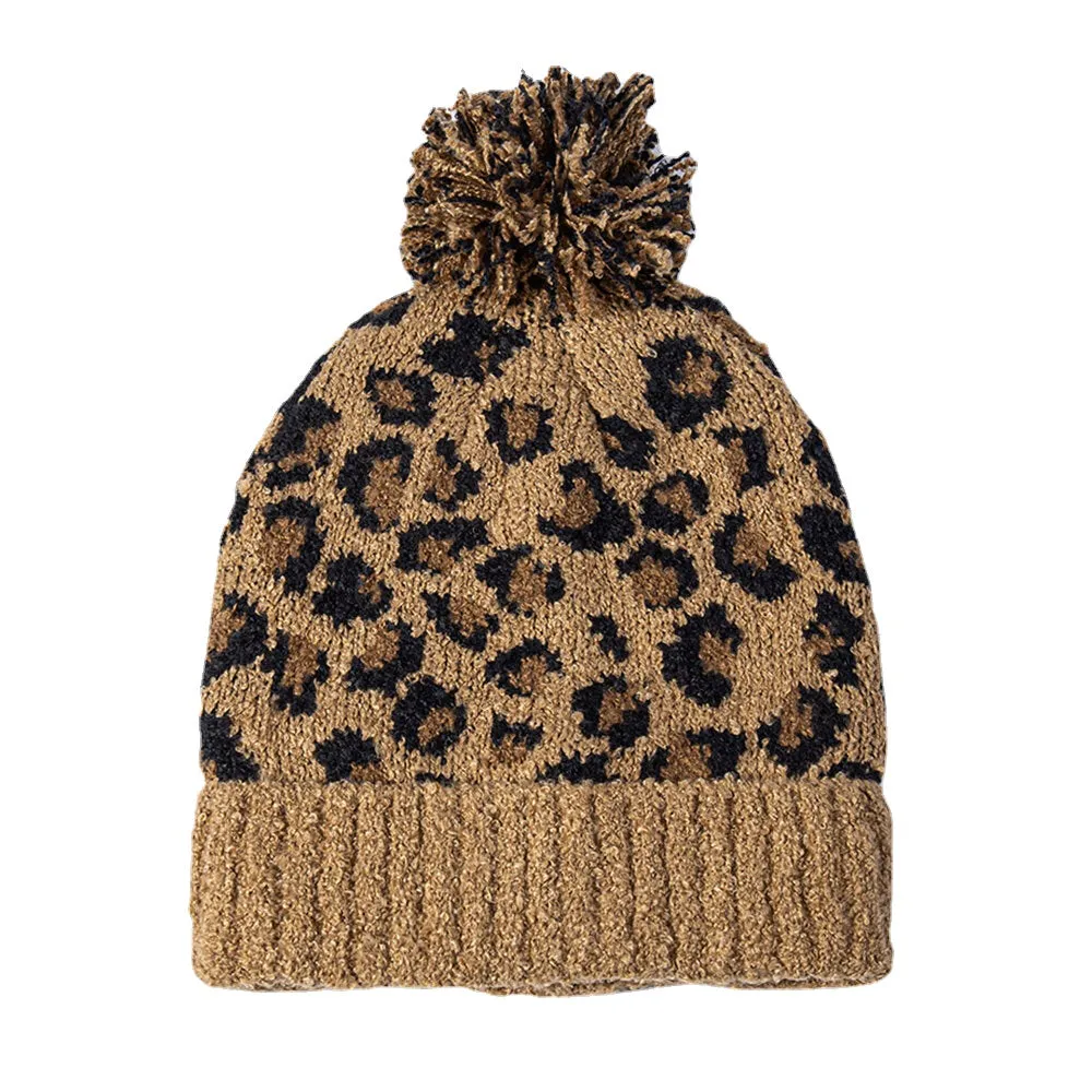 Unisex Knitted Leopard Pattern Fur Ball Decoration Flanging Casual Warmth Beanie Hat