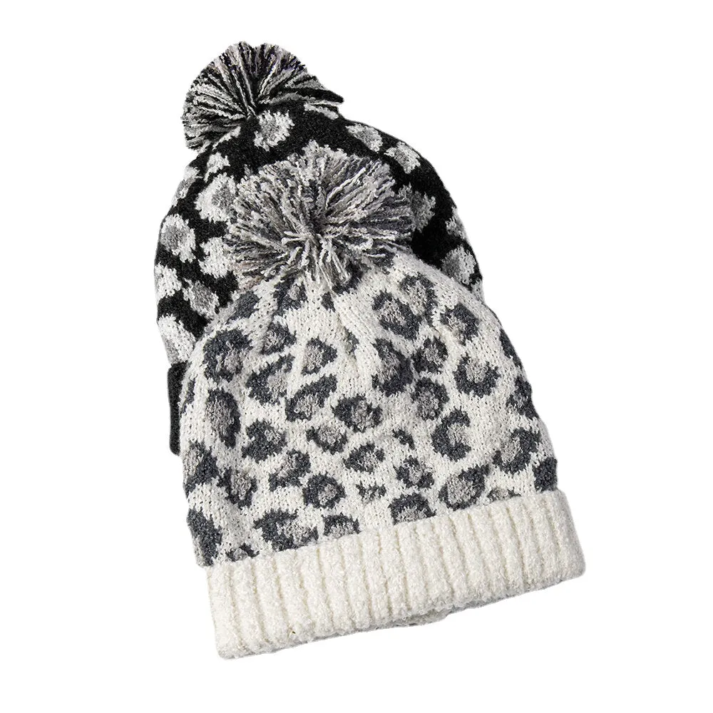 Unisex Knitted Leopard Pattern Fur Ball Decoration Flanging Casual Warmth Beanie Hat