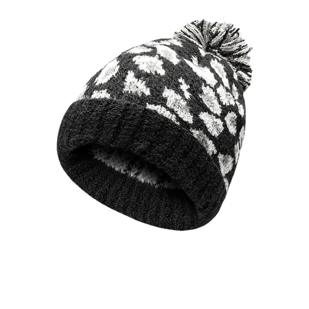 Unisex Knitted Leopard Pattern Fur Ball Decoration Flanging Casual Warmth Beanie Hat