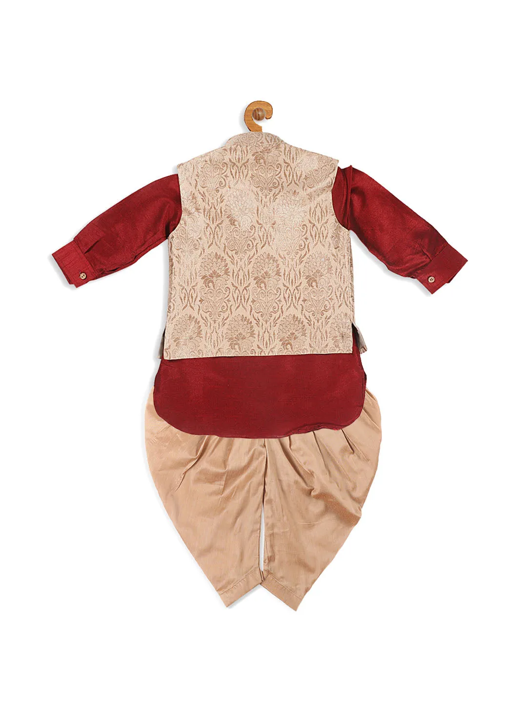 VASTRAMAY Boy's Maroon Kurta With Rose Gold Dhoti Pant & Nehru Jacket Set