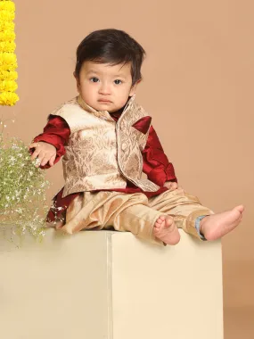 VASTRAMAY Boy's Maroon Kurta With Rose Gold Dhoti Pant & Nehru Jacket Set