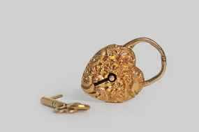 Victorian Era Repoussé Heart Padlock Charm with Key in 14k Gold