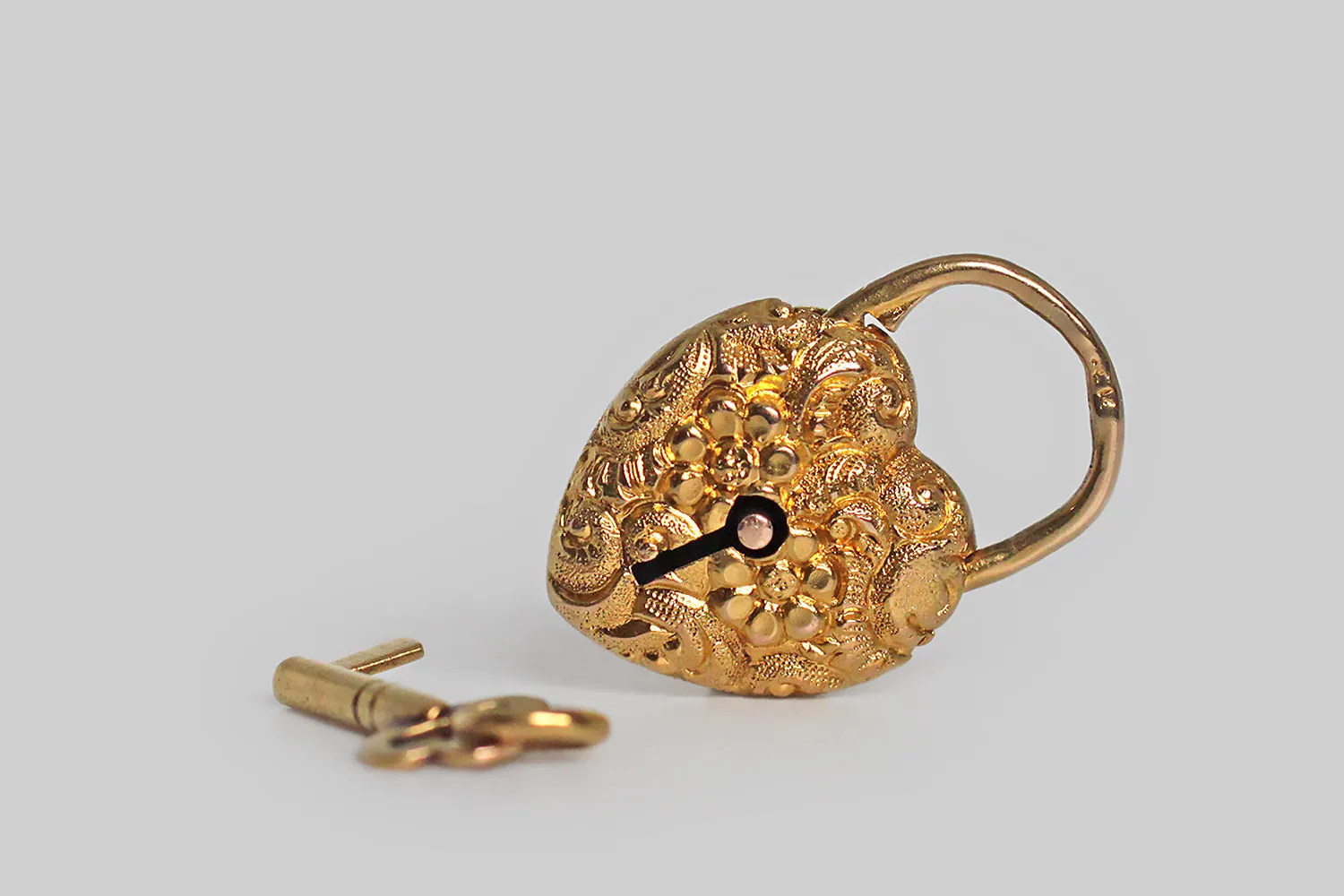 Victorian Era Repoussé Heart Padlock Charm with Key in 14k Gold