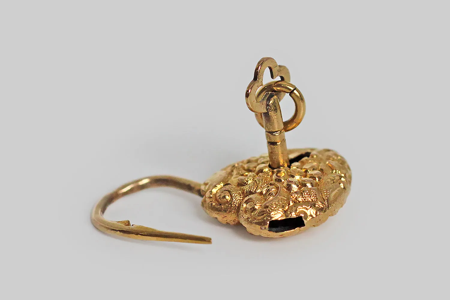 Victorian Era Repoussé Heart Padlock Charm with Key in 14k Gold