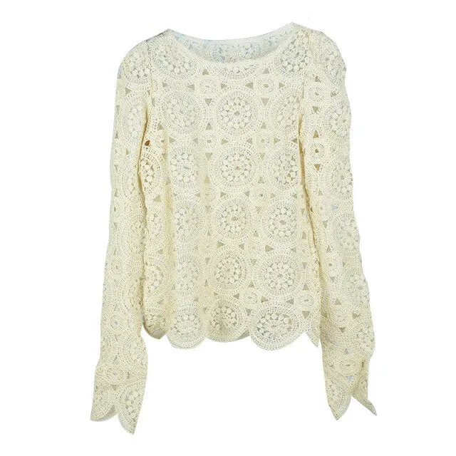 Vintage Elegant Floral Lace Blouse Shirt Women Long Sleeve White Blouse